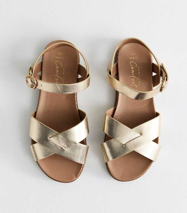 Wide Fit Gold Metallic Faux Leather Crossover Strap Sandals