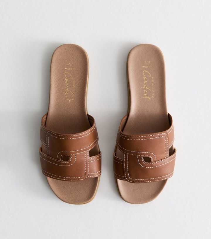 Wide Fit Tan Faux Leather Woven Strap Sandals