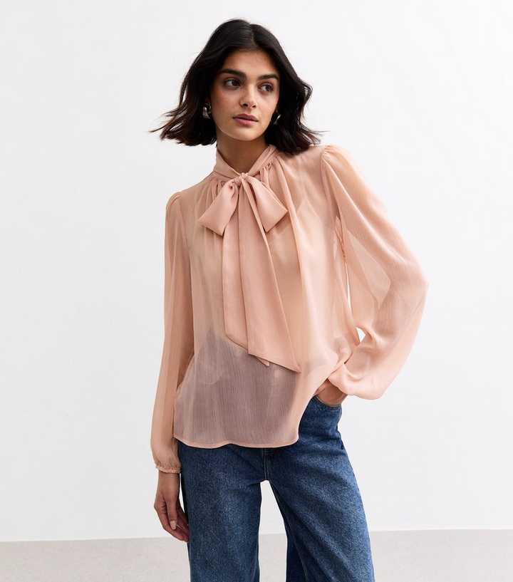 Pink Crinkled Chiffon Pussybow Blouse