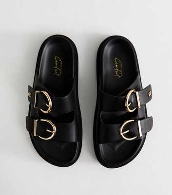 Wide Fit Black Chunky Buckled Strap Faux Leather Sandals
