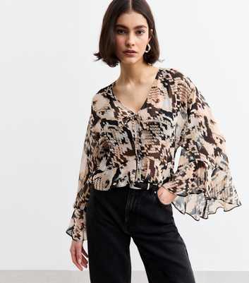 Black Snake Print Flared Sleeve Chiffon Blouse