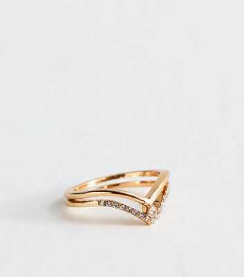 Gold Tone Double Strand Wishbone Diamanté Ring