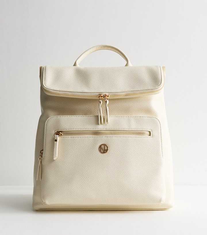 Cream Faux Leather Logo Plaque Zip Top Backpack New Look