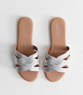 Wide Fit Silver Woven Stap Embellished Faux Leather Sandals