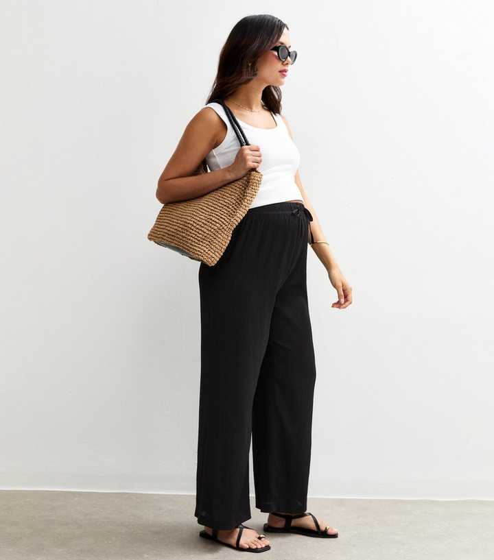 Maternity Black Crinkle Texture Wide Leg Trousers