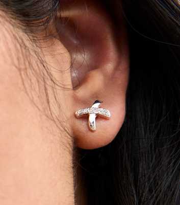 Silver Tone Diamanté Cross Stud Earrings