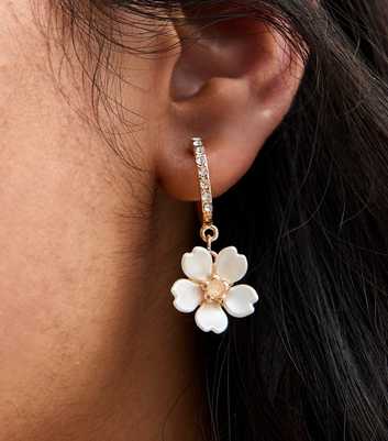 Gold Tone Diamanté Hoop Flower Charm Earrings