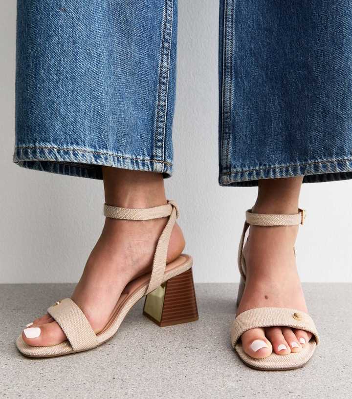 Cream Linen Look Block Heel Sandals