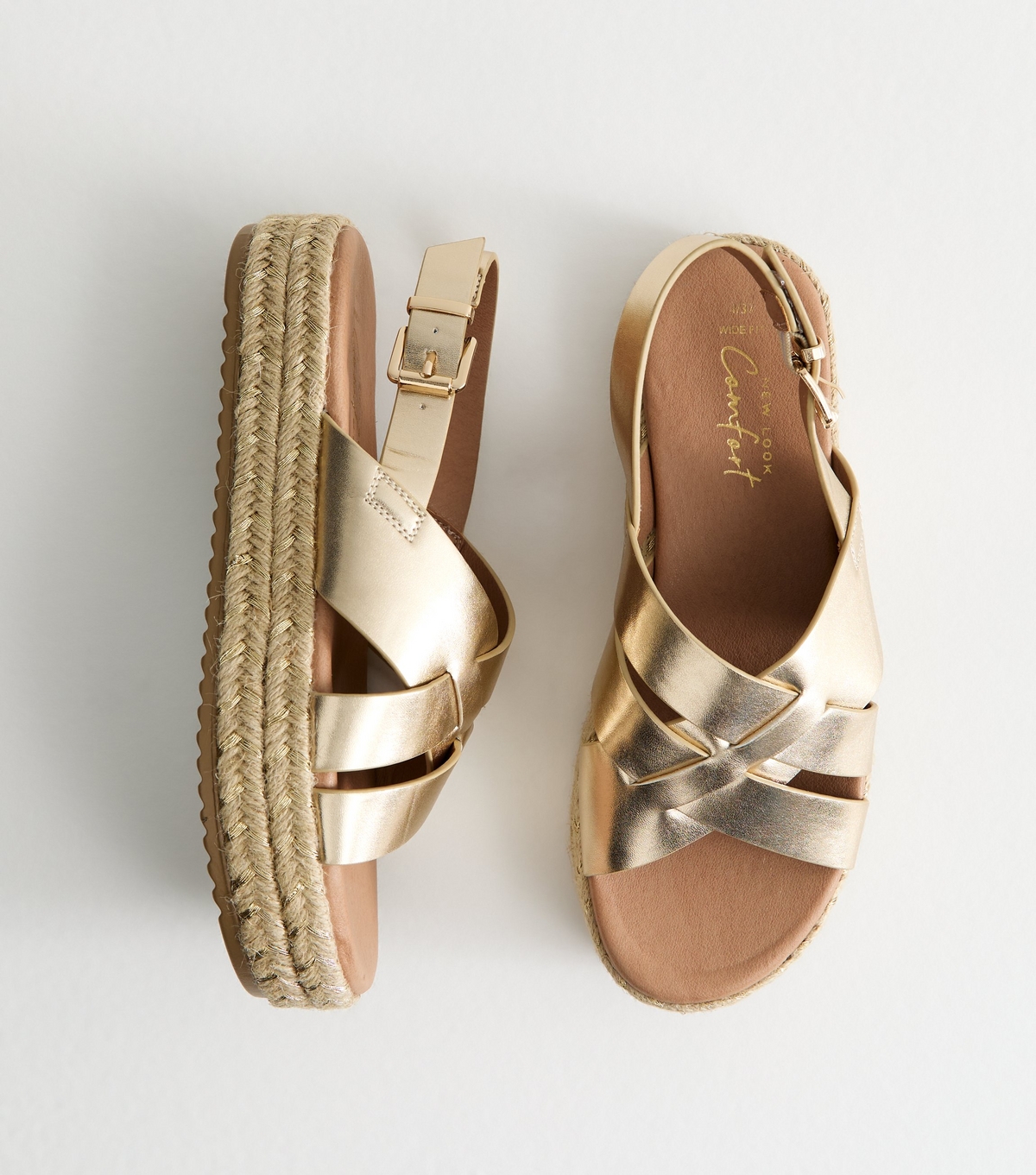 Women's Wide Fit Gold Faux Leather Crossover Strap Platform Sandals Vegan New Look