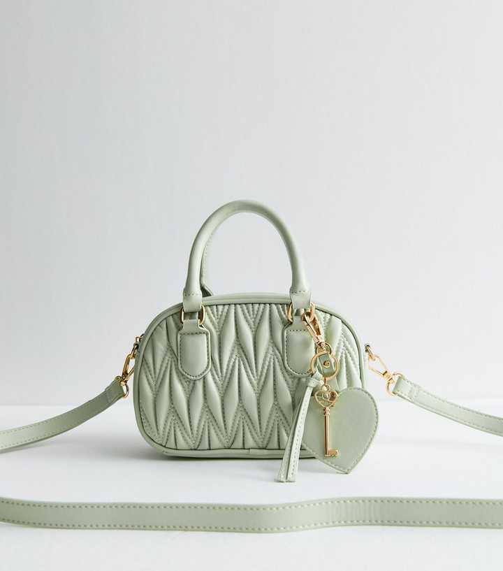 Light Green Quilted Faux Leather Mini Crossbody Bag