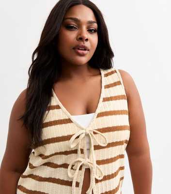 Curves Cream Textured Striped Tie Front Vest