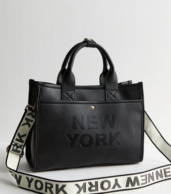 Black New York Grained Faux Leather Tote Crossbody Bag | New Look