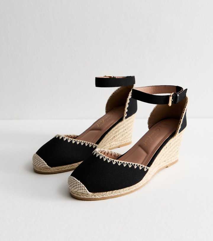 Wide Fit Black Blanket Stitch Trim Wedge Shoes