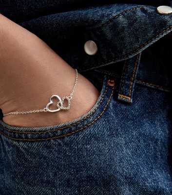 Silver Tone Linked Hearts Chain Bracelet