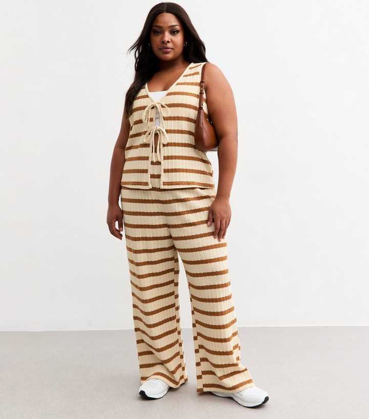 Curves Cream Textured Striped Trousers