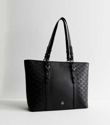 Black Faux Leather Logo Debossed Tote Bag