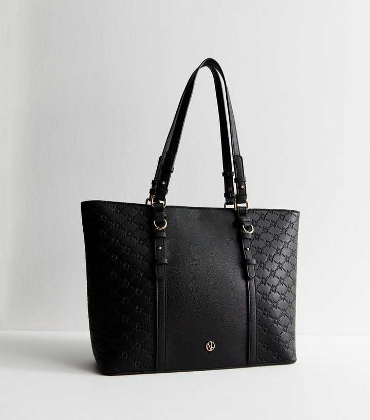 Black Faux Leather Logo Debossed Tote Bag