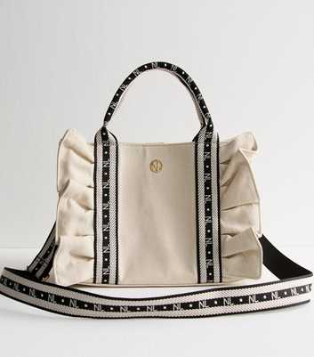 Cream Logo Trim Ruffled Canvas Tote Bag