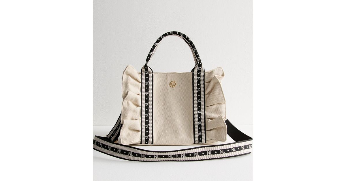 Cream Logo Trim Ruffled Canvas Tote Bag New Look
