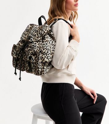 Brown Multi Pocket Leopard Print Backpack