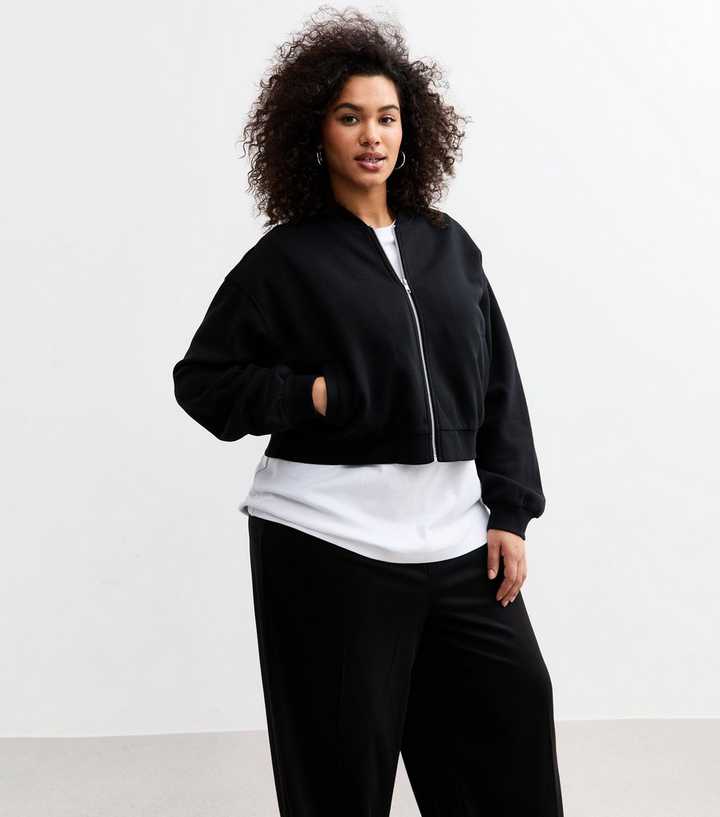 Curves Black Zip Up Cropped Bomber Jacket