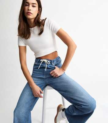 Blue Drawstring Waist Wide Leg Jeans