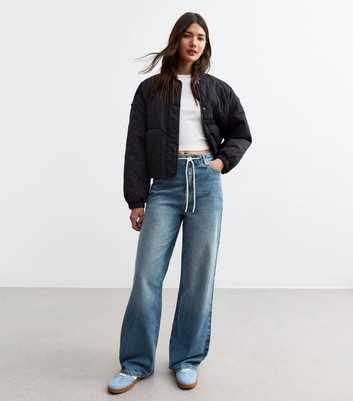 Blue High Rise Drawstring Wide Leg Jeans