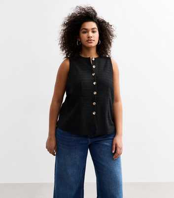 Curves Black Textured Button Up Waistcoat