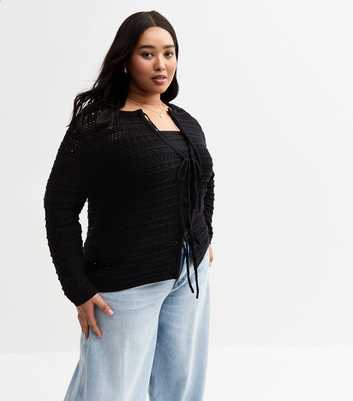 Curves Black Open Knit Tie Front Cardigan