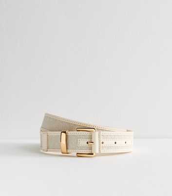 Off White Embroidered Woven Canvas Belt