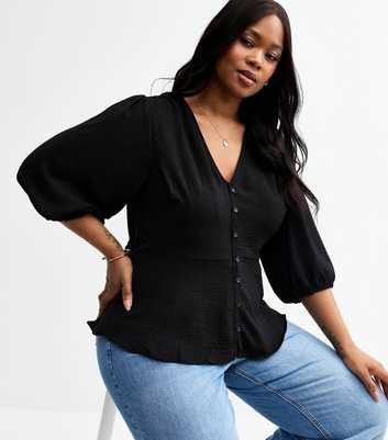 Curves Black Crinkle Texture Button Front Tea Top