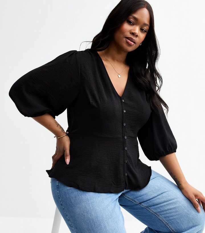 Curves Black Crinkle Texture Button Front Tea Top
