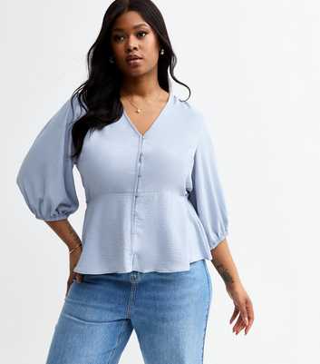 Curves Blue Crinkle Texture Button Front Tea Top