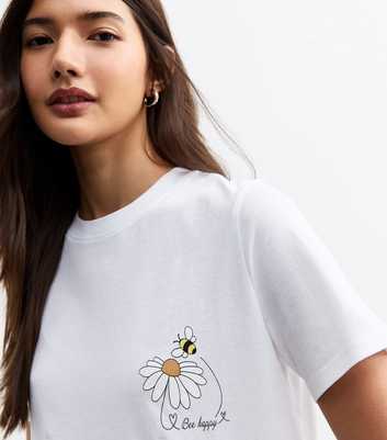 White Bee Happy Flower Print T-Shirt