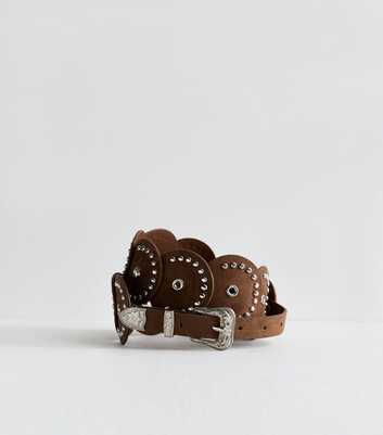 Brown Faux Suede Studded Disc Belt