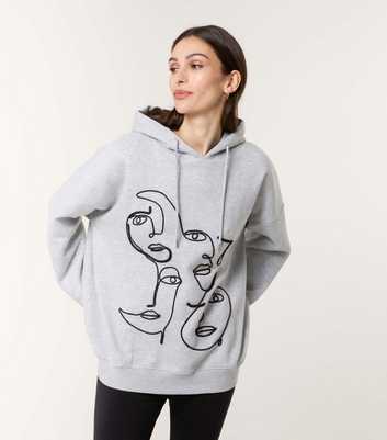 Blue Vanilla Grey Oversized Face Art Embroidered Hoodie