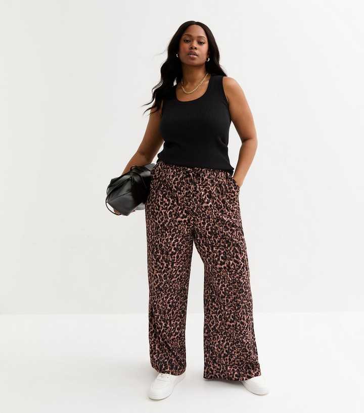  Curves Brown Textured Animal Print Wide Leg Trousers