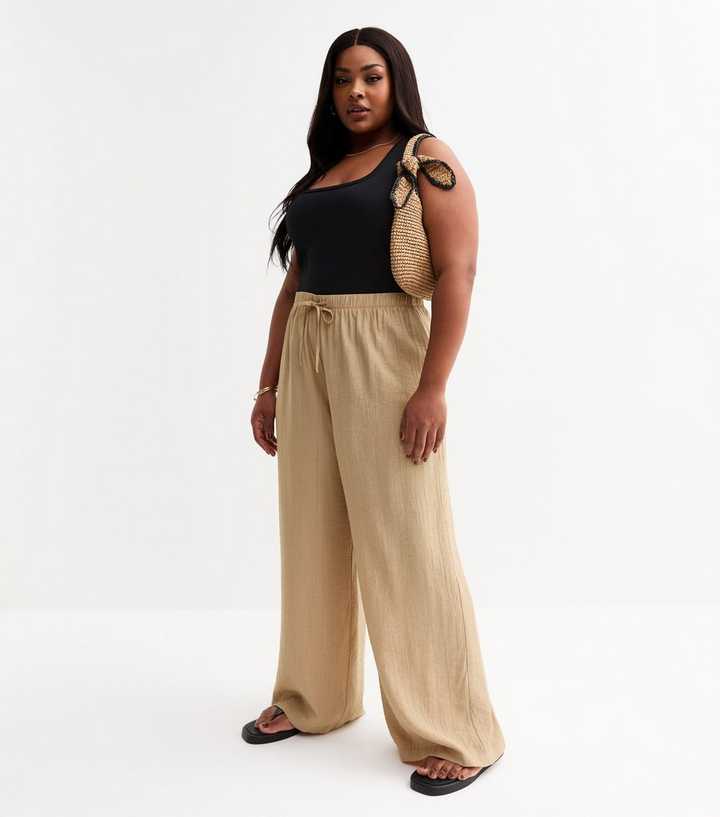 Curves Camel Crinkled Wide Leg Trousers