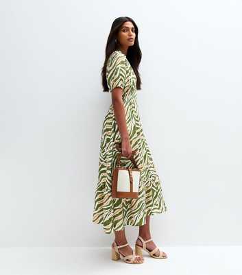 Blue Vanilla Khaki Green Printed Puff Sleeve Midi Dress