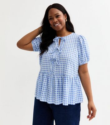 Curves Blue Checked Tie Front Peplum Top | New Look