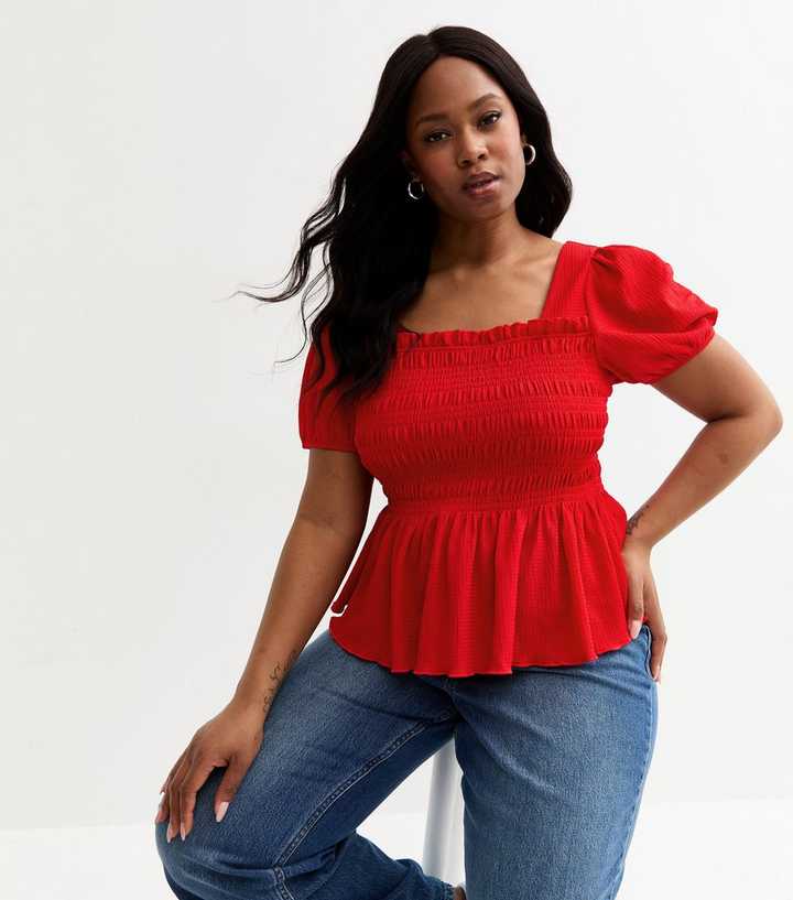 Curves Red Crinkled Shirred Top