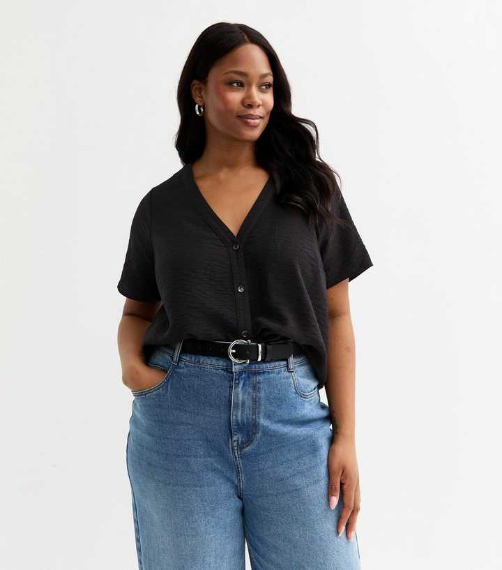 Curves Black Button Up Top