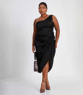 QUIZ Curves Black Satin Ruched Midi Dress