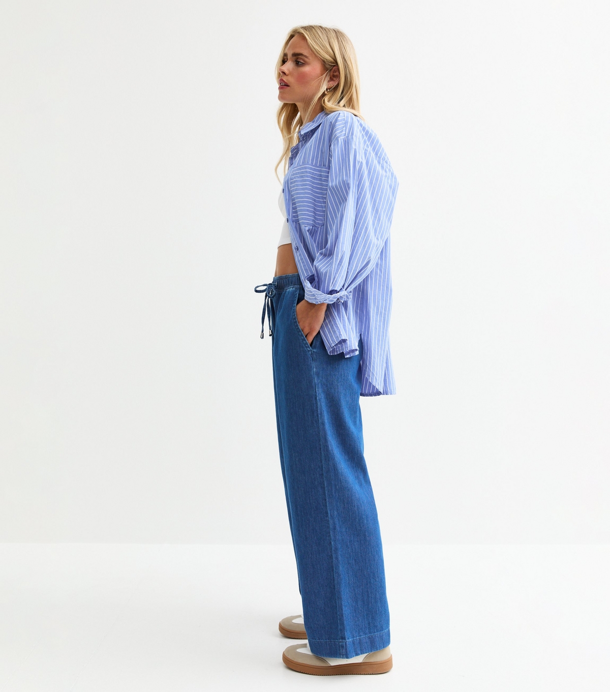 Women's Petite Blue Denim Wide Leg Trousers New Look