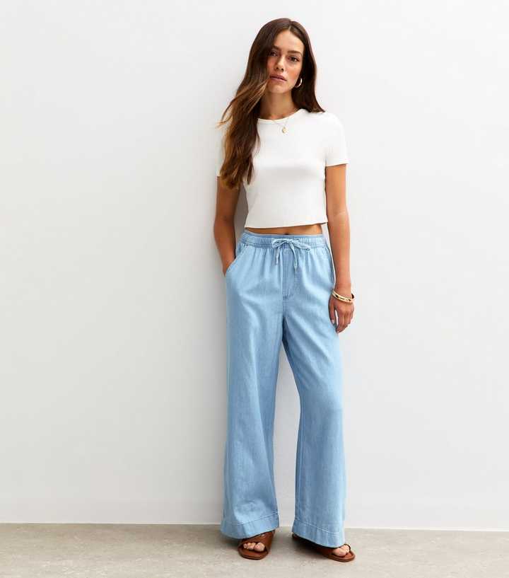 Petite Light Blue Chambray Wide Leg Trousers New Look
