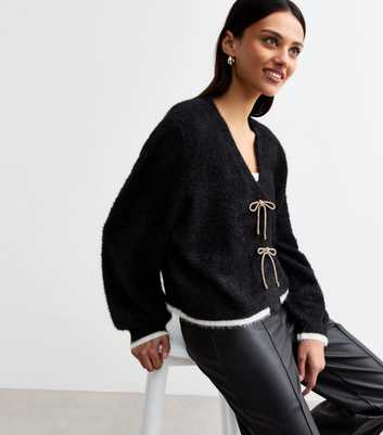Sunshine Soul Black Diamantè Bow Detail Fluffy Cardigan