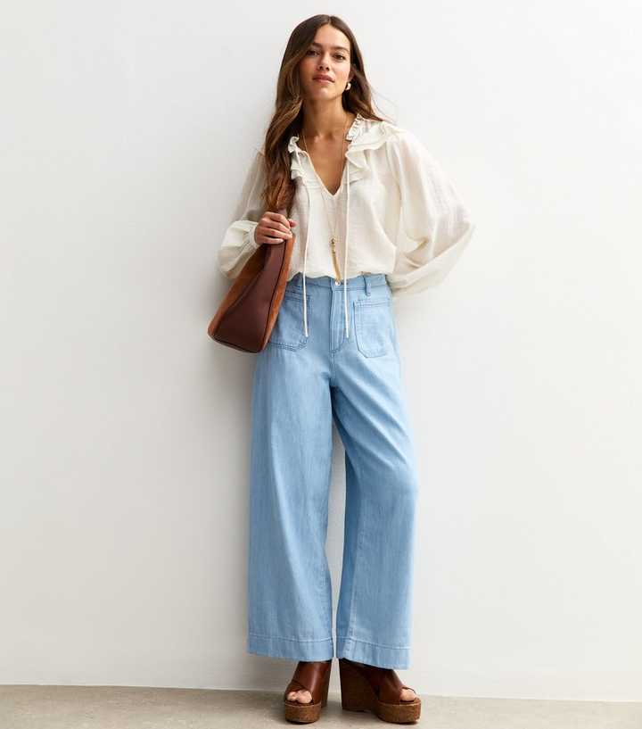 Petite Blue Lightweight Patch Pocket Wide Leg Trousers