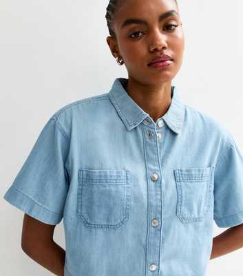 Tall Light Blue Short Sleeve Boxy Denim Shirt