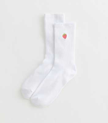 White Strawberry Embroidered Tube Socks