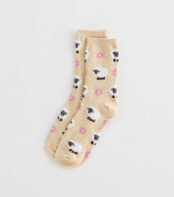 Cream Boucle Sheep and Floral Sock